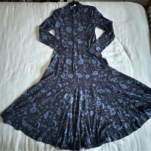 LOFT Dress Womens M Navy Floral Long Sleeve Maxi Mock Neck Dark Cottagecore - Picture 3 of 11